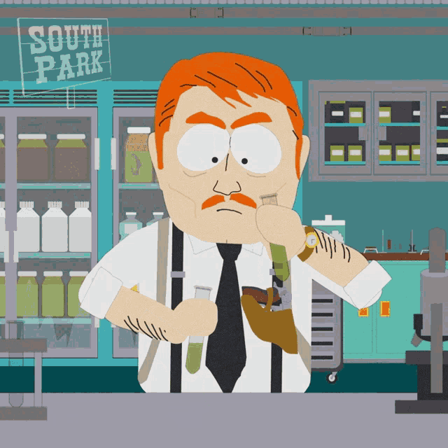 a cartoon character in a lab with a sign that says south park above him