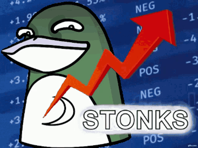 a cartoon of a penguin with a red arrow pointing up and the word stonks below it