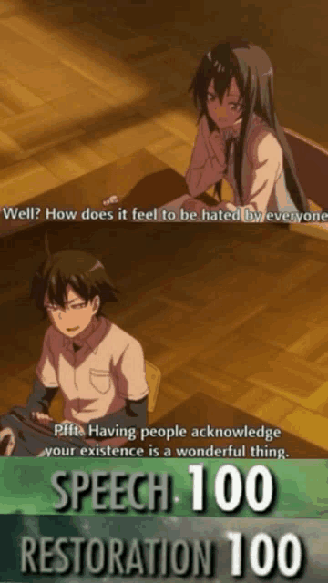 a speech 100 restoration 100 meme shows a girl and a boy in a classroom