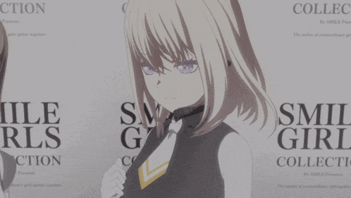 a smiling girl is standing in front of a smile girls collection poster