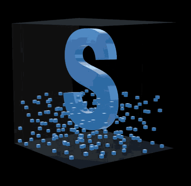 a blue letter s surrounded by blue cubes on a black background