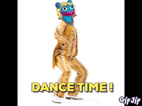 a gif of a muppet dancing with the words dance time behind him