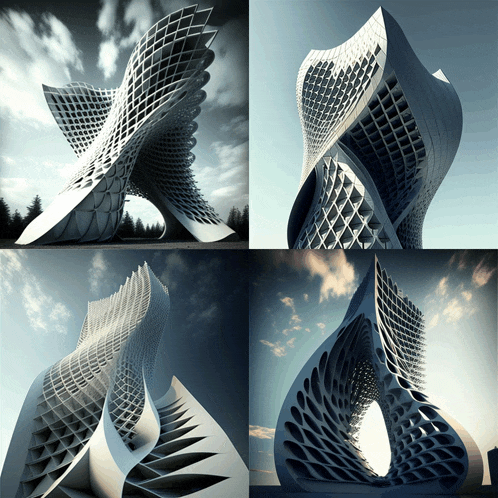 four images of a building with a geometric pattern