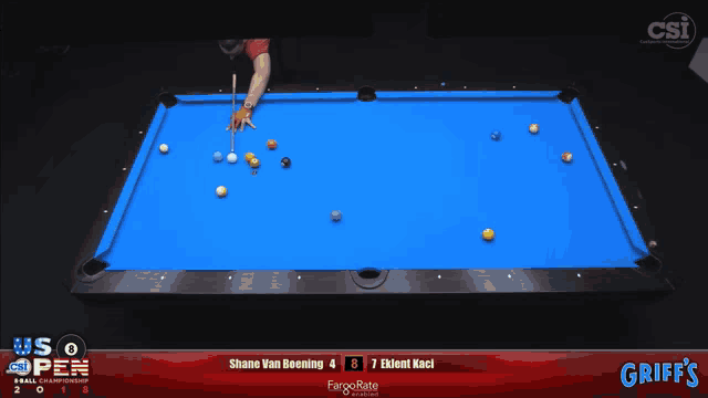 a pool table with a blue cloth and griff 's logo on the bottom