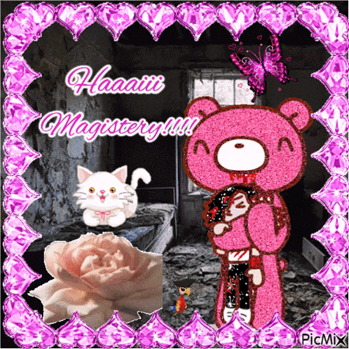 a pink teddy bear is holding a doll with the words haaaitt magistery on it