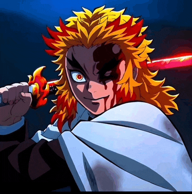 a cartoon character is holding a red sword with flames coming out of it