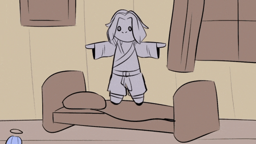 a cartoon of a person standing on a bed