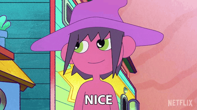 a cartoon character with a purple hat that says nice on it