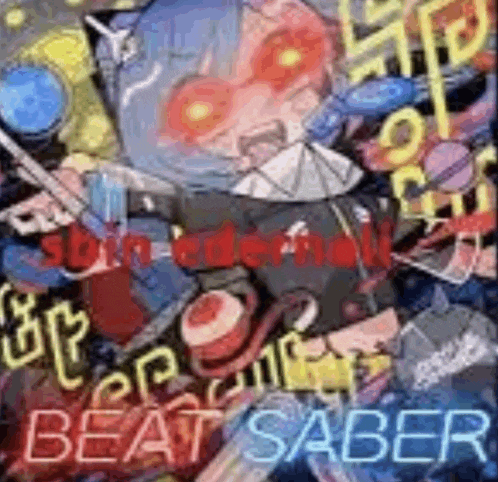 a picture of a girl with red eyes and the words `` beat saber '' on it .