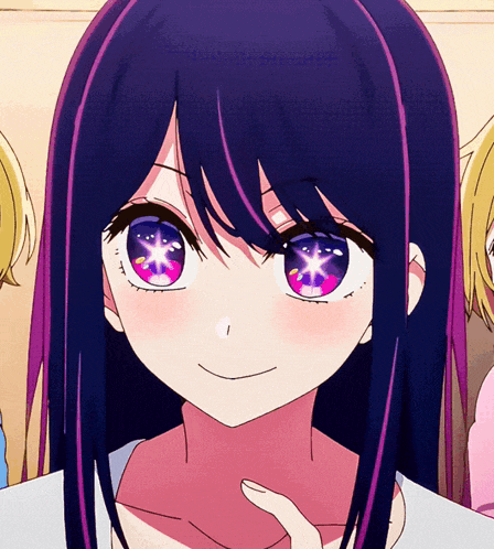 a close up of a girl 's face with purple hair