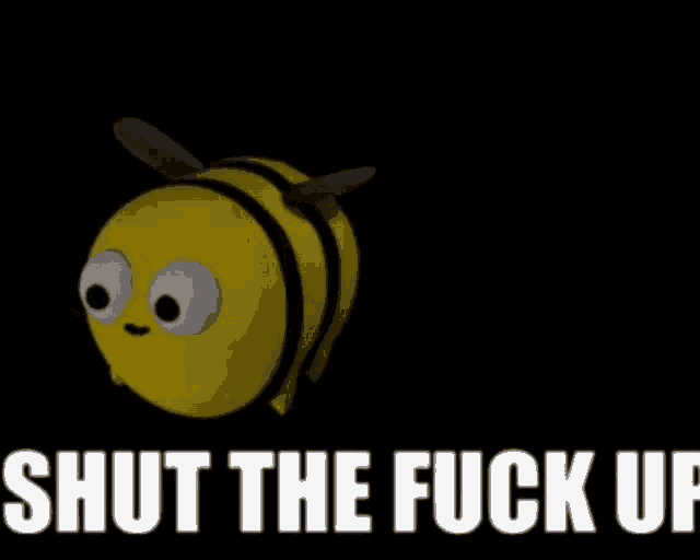 a stuffed bee is flying in the dark with the words `` shut the fuck up '' .