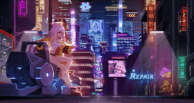 a pixel art of a girl sitting on a machine with a sign that says repair on it