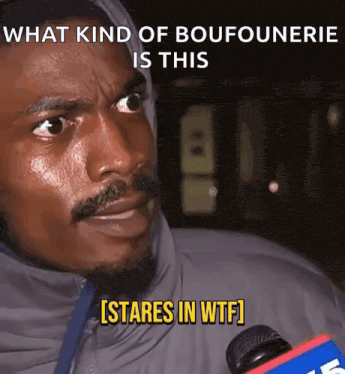 a man in a hooded jacket is talking into a microphone and says what kind of boufournée is this