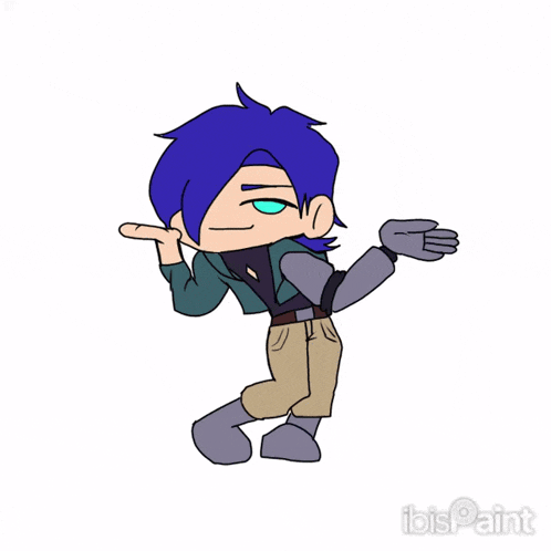 a cartoon drawing of a boy with blue hair and a green eye