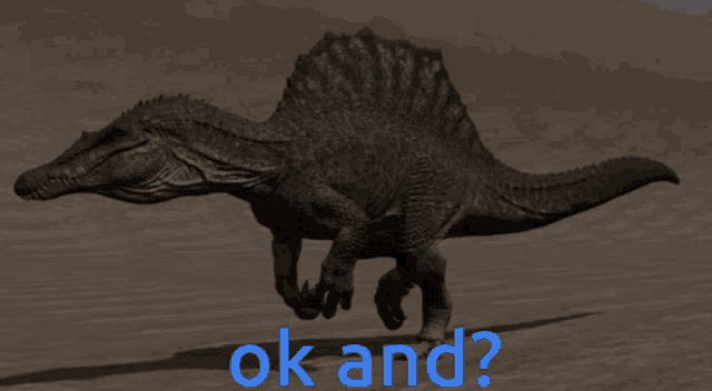 a picture of a dinosaur with the words ok and in blue