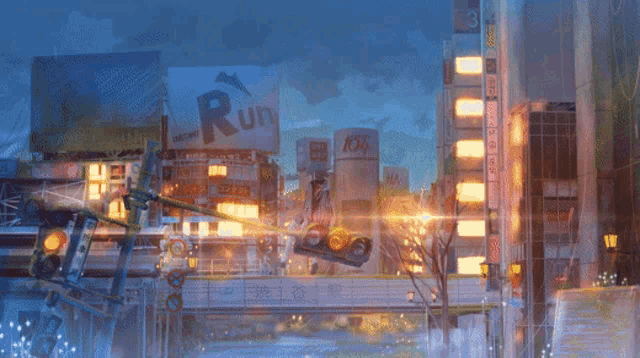 a painting of a city with a sign that says run on it