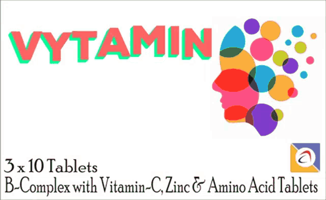 a colorful advertisement for vytamin b-complex with vitamin-c zinc and amino acid tablets