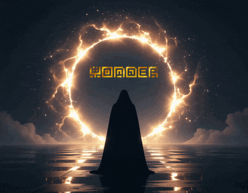 a man in a hooded cape stands in front of a glowing circle with the word wonder on it