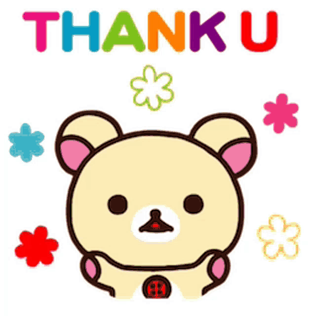 a cartoon bear with flowers and the words thank u