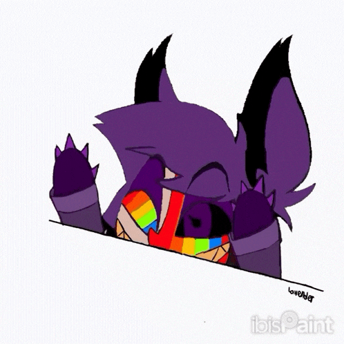 a drawing of a purple monster with a rainbow mouth