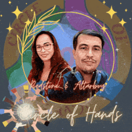 a man and a woman are featured in a circle of hands poster