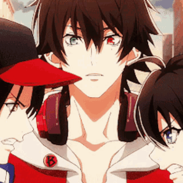 a group of anime characters including one with the letter b on his shirt