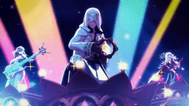 a man is playing a tambourine on a stage in front of a group of people playing instruments .
