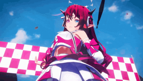 a girl with red hair and horns is standing in front of a checkered flag