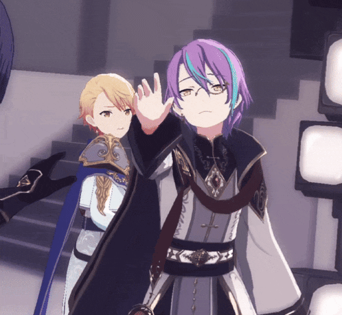 a girl with purple hair is waving her hand in a video game