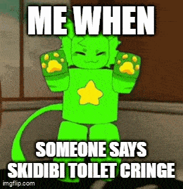 a green cartoon character with a yellow star on his chest is standing in a room and someone says skidibi toilet cringe .