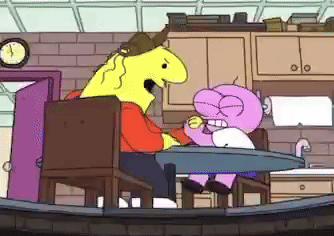 a cartoon character is sitting at a table with another character