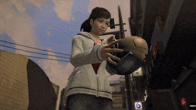 a pixelated image of a woman standing in front of a building with a sign that says ' a ' on it