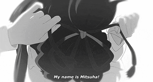 a black and white drawing of a person with the words " my name is mitsuba " on the bottom