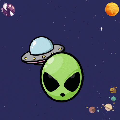 a cartoon illustration of an alien and a spaceship with the words good morning