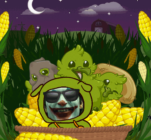 a cartoon of a man wearing sunglasses sitting in a basket of corn on the cob