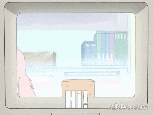 a cartoon of a bird says hi on a screen