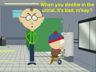 stanley from south park is standing next to a man in a bathroom
