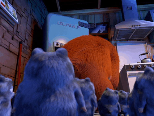 a group of cartoon animals are standing in front of a glassa refrigerator
