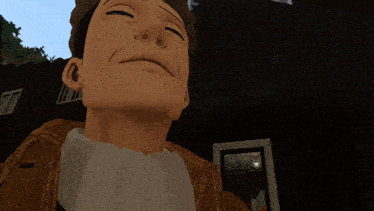 a close up of a man 's face with a brick wall in the background