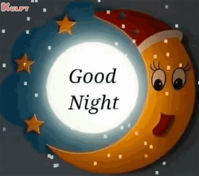 a cartoon crescent moon with a face on it and the words `` good night '' written on it .