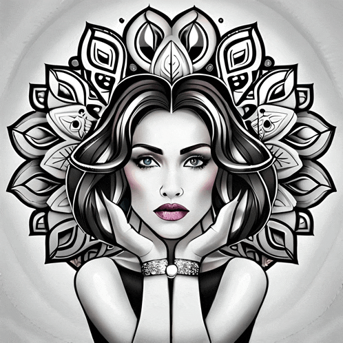 a black and white drawing of a woman 's face with a mandala in the background