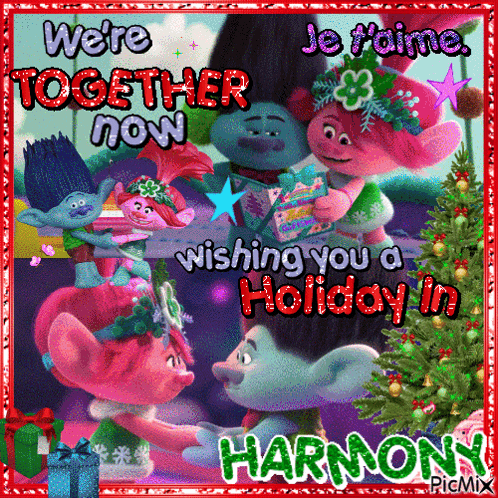 a trolls christmas card says we 're together now and wishing you a holiday in harmony