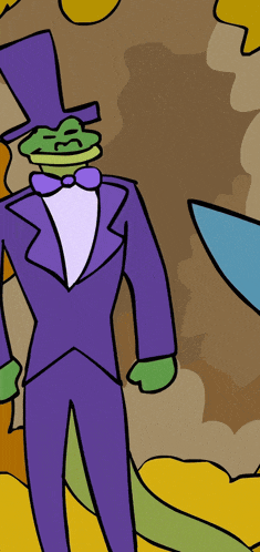 a cartoon drawing of a man in a purple tuxedo and top hat