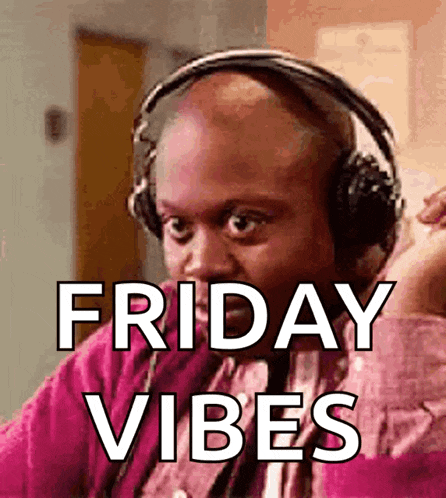 a man wearing headphones has the words friday vibes written on his face