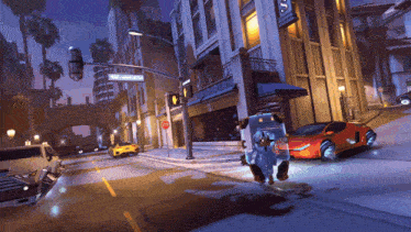 a robot is walking down a street in front of a building that has a sign that says ' hollywood blvd ' on it