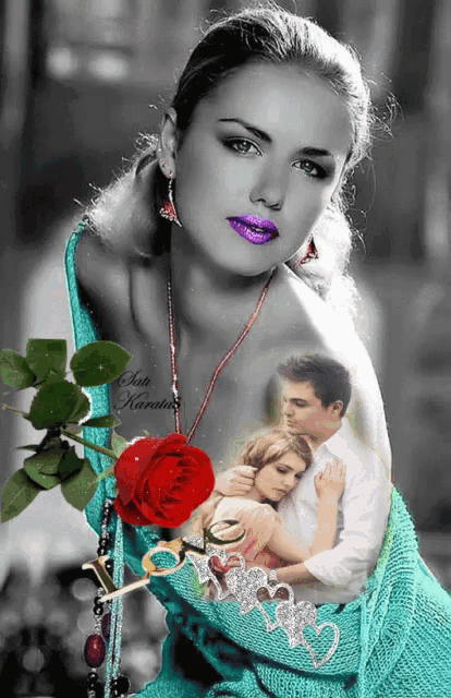 a woman with a red rose and a picture of a man and woman on her chest