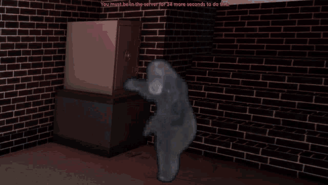 a room with a brick wall and a computer screen that says you must be in the server for 20 more seconds