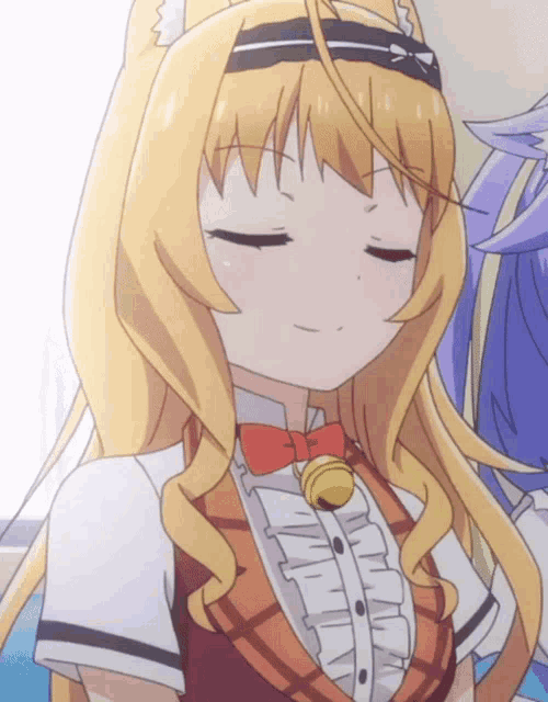 a close up of a girl with her eyes closed and a bell around her neck