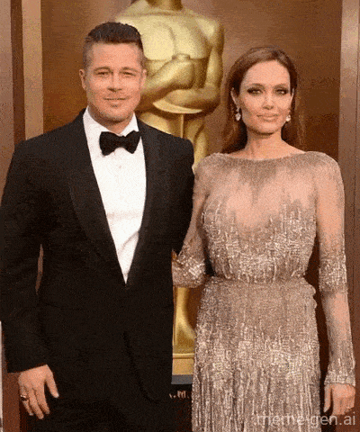 a man in a tuxedo and a woman in a dress pose for a picture in front of an oscar statue