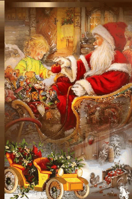 a painting of santa claus in a sleigh with a child